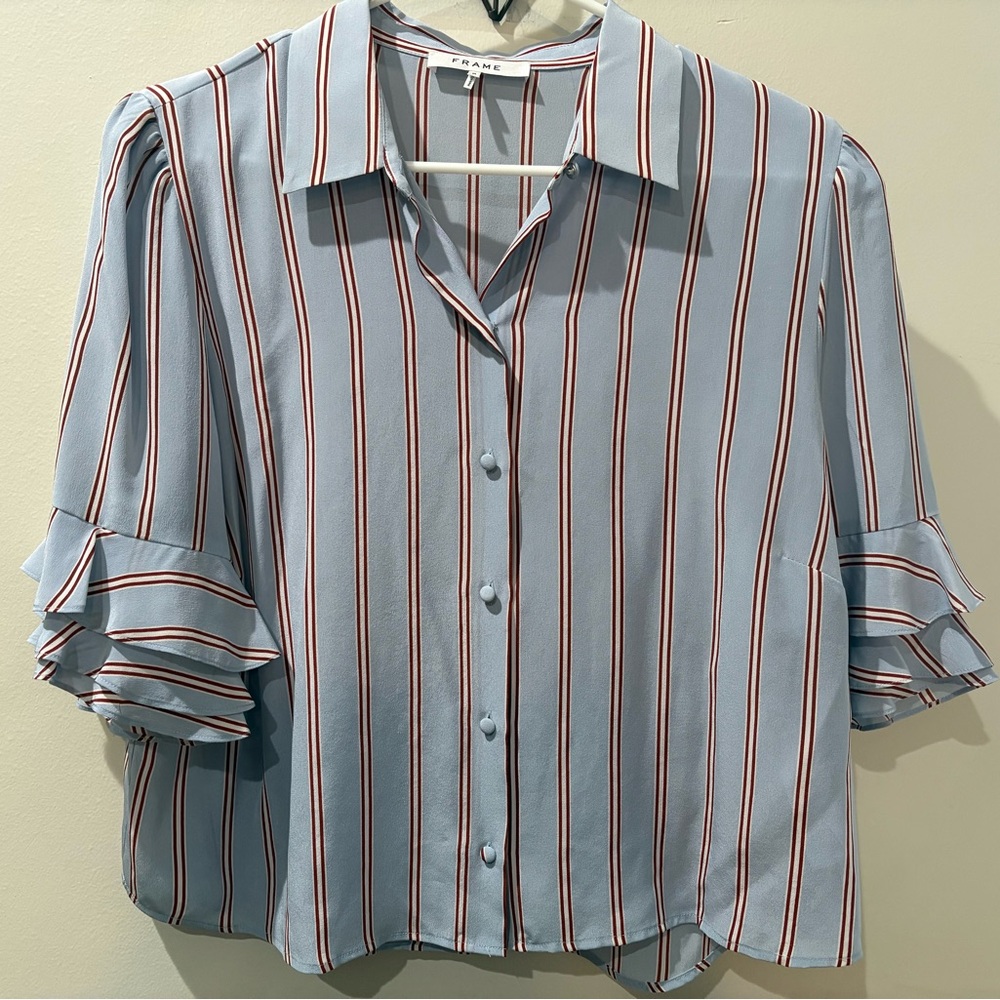 Frame Silk button down Blue with Red Striped Blouse new with tags